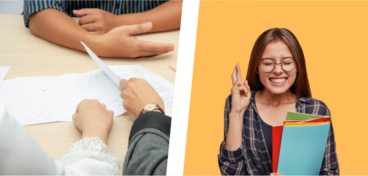 People having an interview in the left image with a woman hoping and excited to get a job in the right hand image