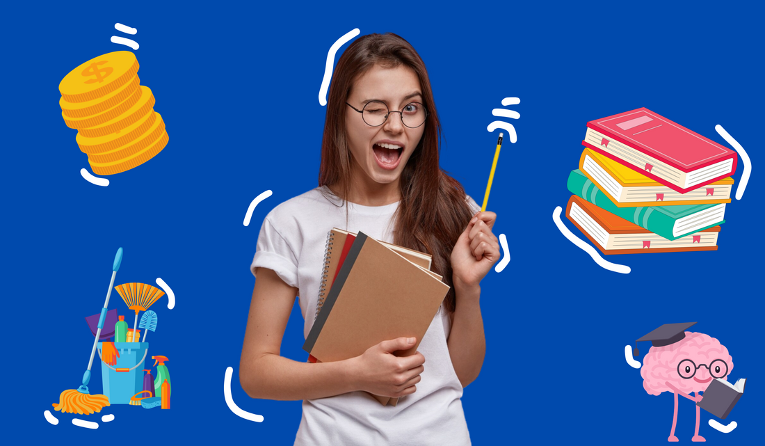 woman holding books happy with a pencil in her hand pointing up. Surrounded by an image of some coins, a book, a brain holding a book with a graduation cap on, and some cleaning products. A blue background