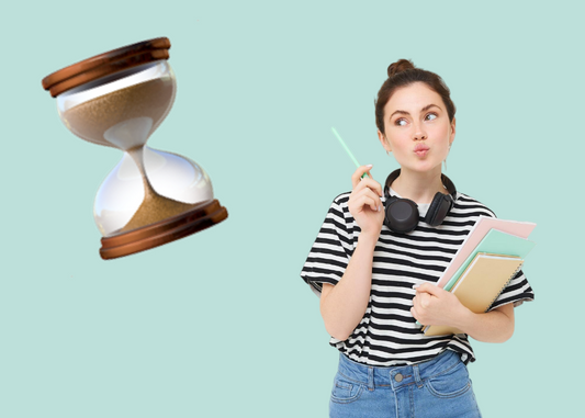 girl pointing to a timer holding books