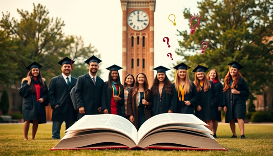 University students standing behind an open book