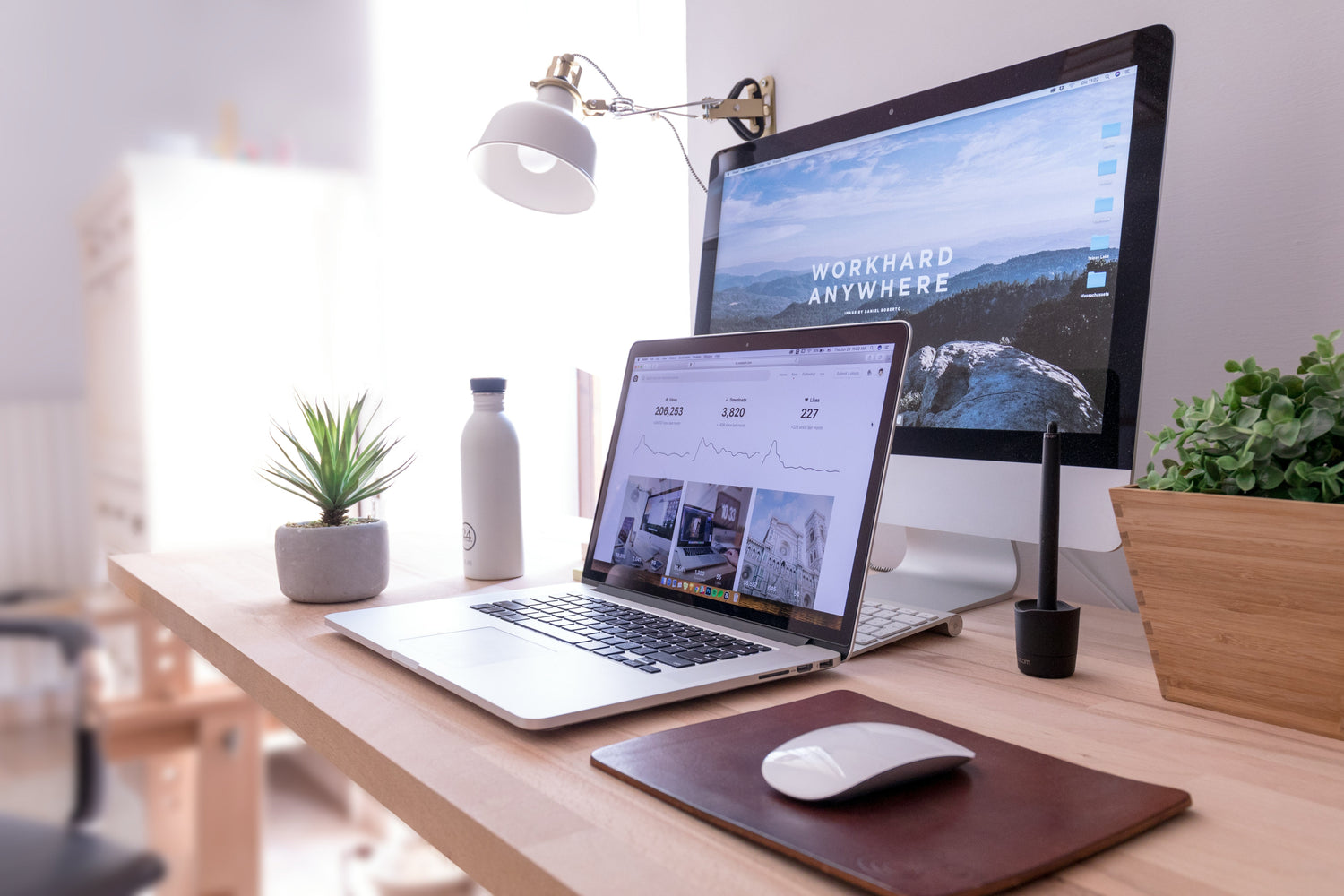 A desk with accessories on it