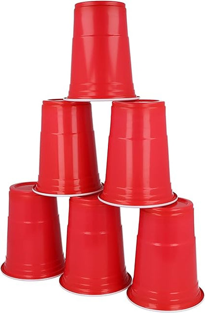 red cups staked high in a pyramid