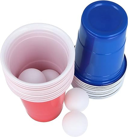 red and blue cups with balls in the red cups