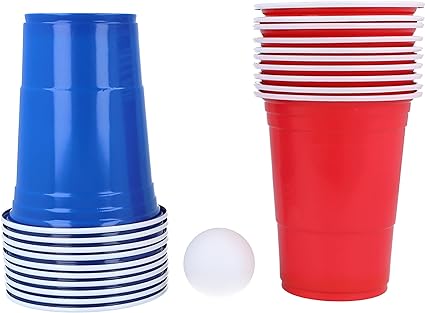 red and blue cups with a ball